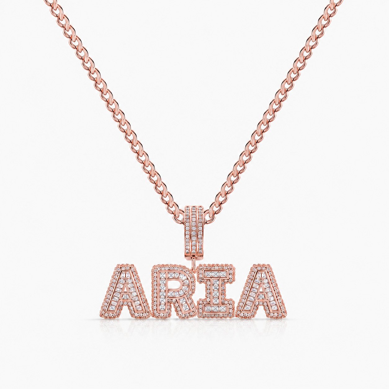 Unisex premium bling name necklace in 18K rose gold with AAA CZ crystals