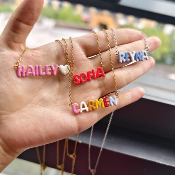 rainbow colorful custom name necklace with custom design and personalized name bubble letters necklace for women 2