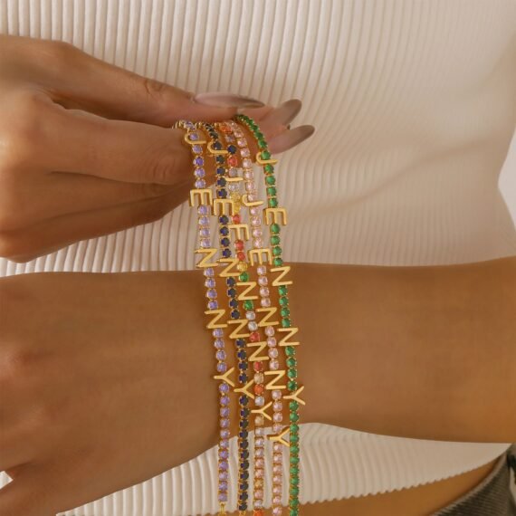 Custom gold name bracelet with CZ crystal chain