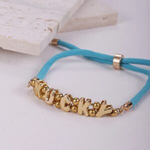 Custom name bracelet with gold letters and blue cord