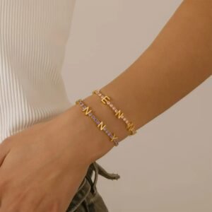 Gold plated name bracelet with colorful CZ crystals