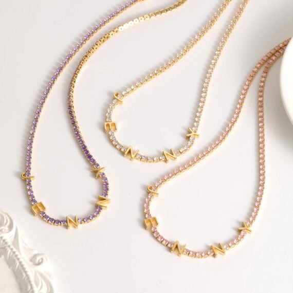 Gold plated name necklace with colorful CZ crystals