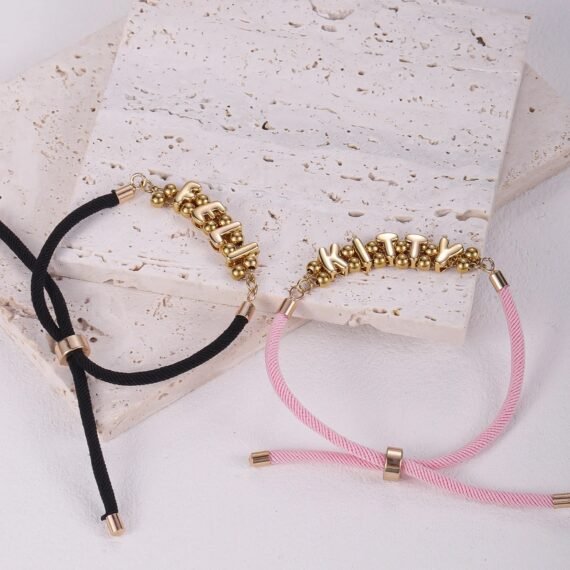 Personalized bubble letters shiny gold color multiple cord colors bracelet with personalized name
