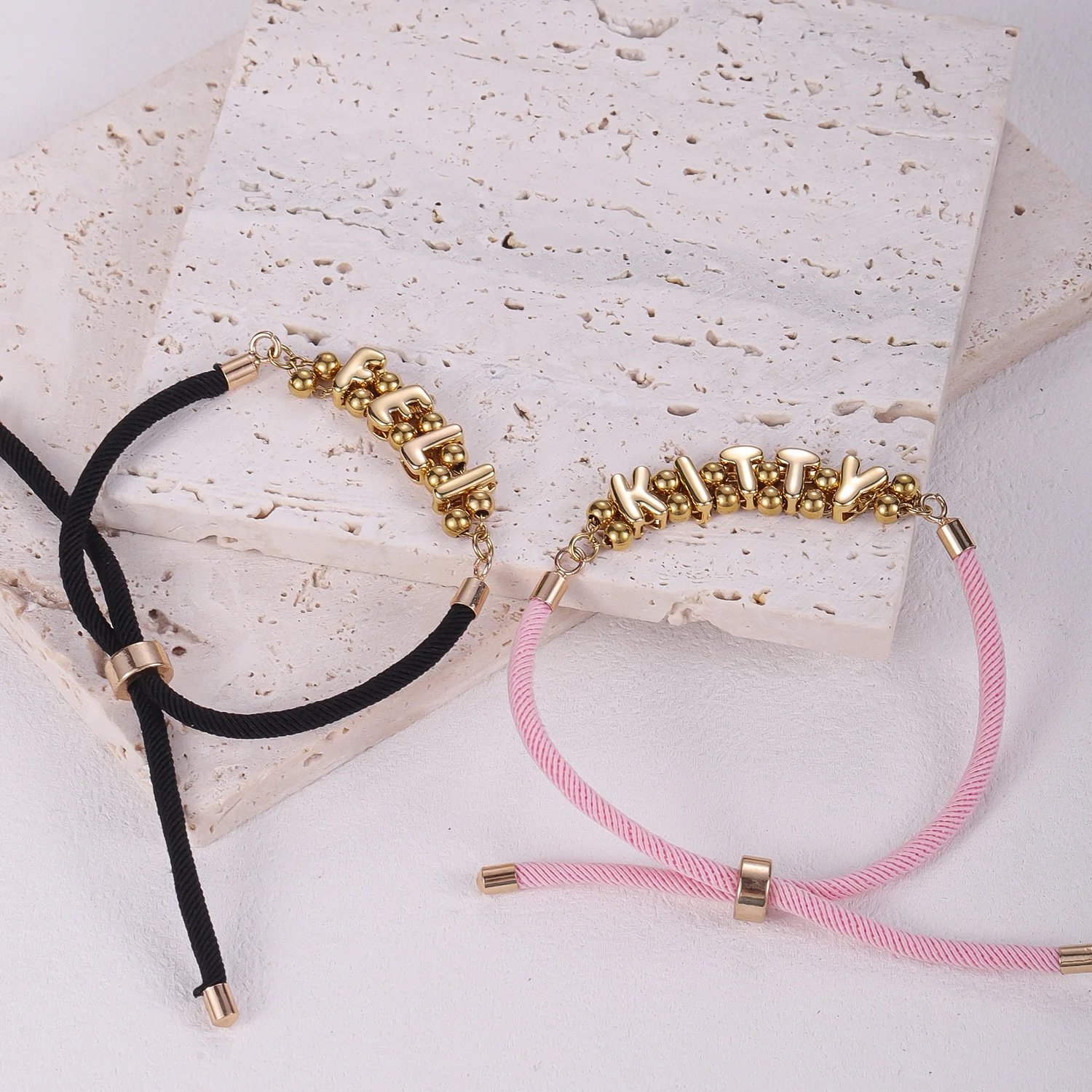 Personalized bubble letters shiny gold color multiple cord colors bracelet with personalized name