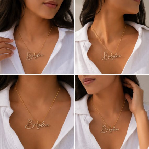 Personalized gold script crystal name necklace with cubic zirconia showcased on a model in four lifestyle photos