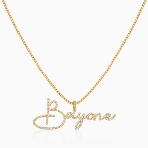Script Crystal Name Necklace in 18K gold with a crystal inlayed custom script name pendant and box chain
