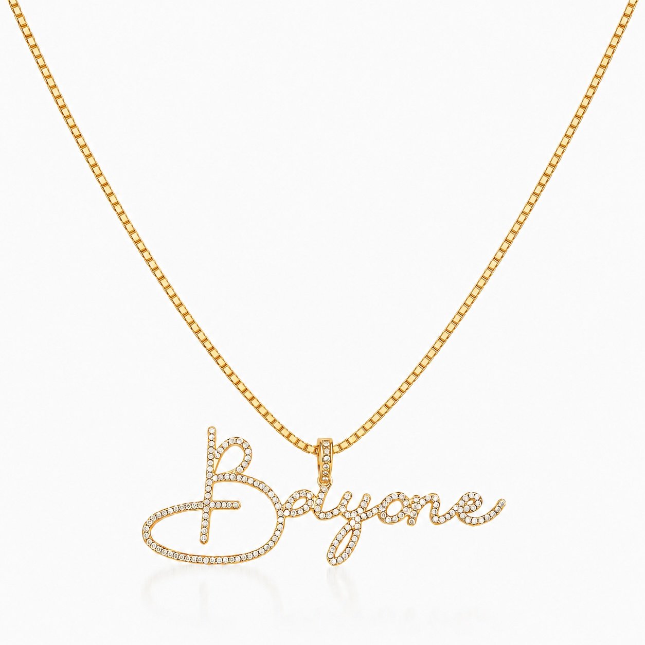Script Crystal Name Necklace in 18K gold with a crystal inlayed custom script name pendant and box chain