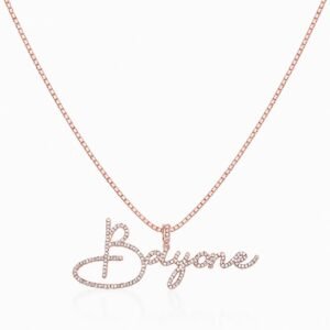 Script Crystal Name Necklace in rose gold with a crystal-encrusted custom script name pendant and box chain