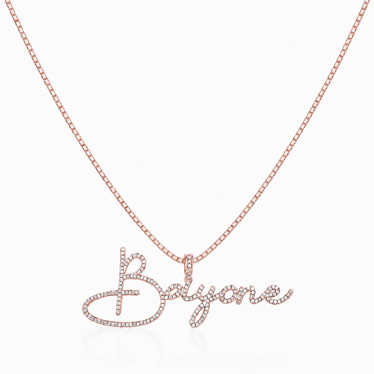 Script Crystal Name Necklace in rose gold with a crystal-encrusted custom script name pendant and box chain