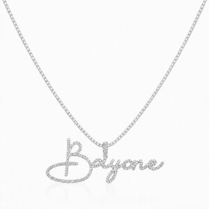 Script Crystal Name Necklace in silver with a crystal-encrusted custom script name pendant and box chain